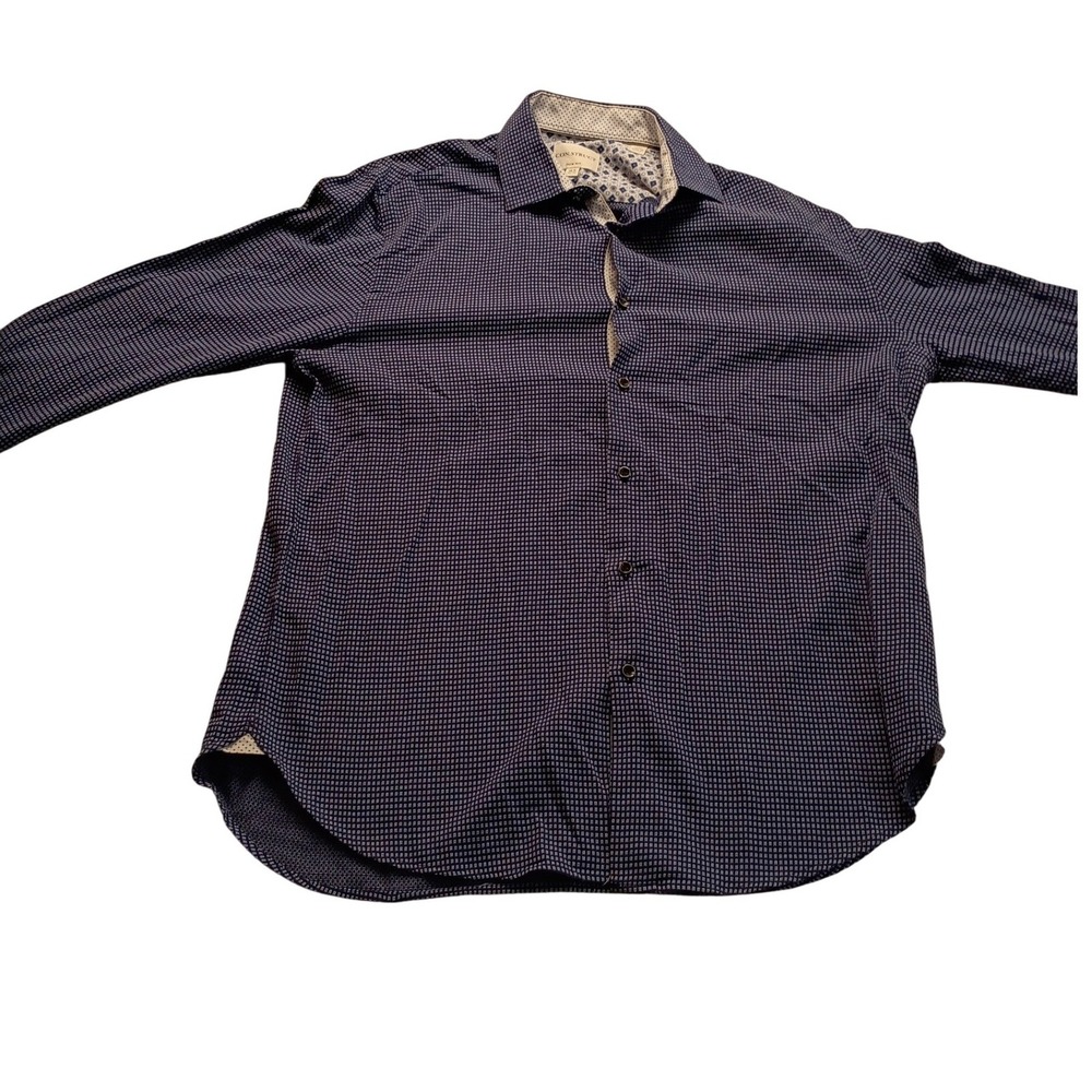 CON.STRUCT Men's Slim Fit Dress Shirt Navy Blue Geometric Print 34-35 OnTag NWOT